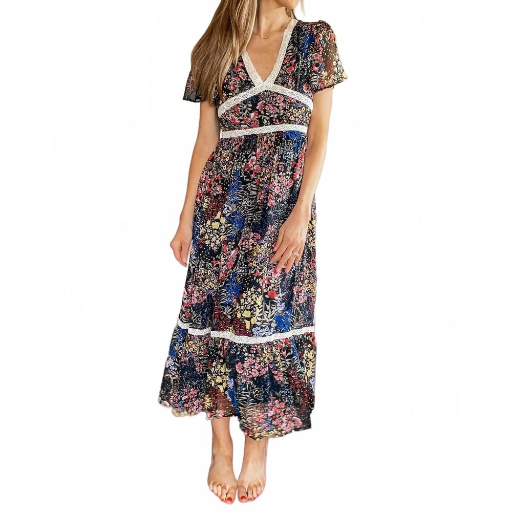 NEW IN-LOOM bright floral chiffon midi dress in black